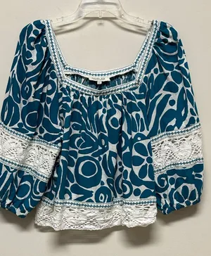 Rachel Zoe Teal Printed Peasant Linen Top with Lace Trim 3/4 Sleeves size L thumbnail 1