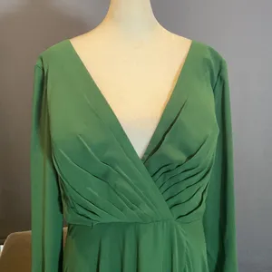 Women’s Green Chiffon Full Length Long Sleeve Dress Corset Back Leg Slit Size 12 thumbnail 2