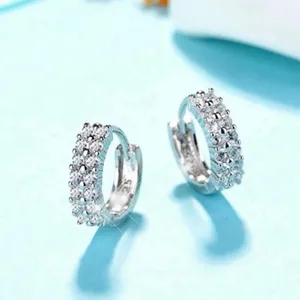 925 Silver Plated Double Row CZ Diamond Silver Hoop Earrings for Women thumbnail 2
