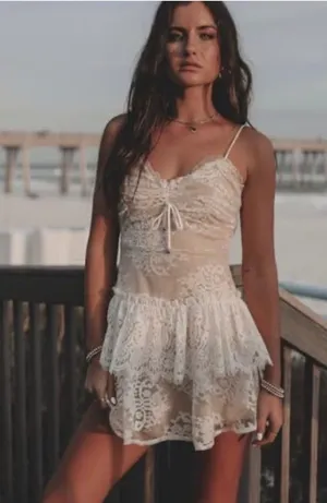 NWT! Angel Biba Chic White Floral Lace Mini Dress Women’s V-Neck Ruffle Size Large thumbnail 1