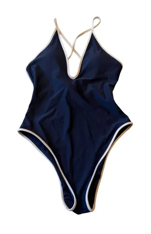 Aerie Womens Navy Blue White Trim Lace Up Back High Cut‎ One Piece Swimsuit S thumbnail 1