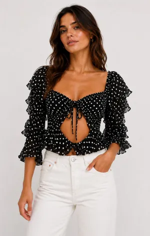 SEEK THE LABEL Polka Dot Ruffled Off Shoulder‎ Blouse Black Small thumbnail 1