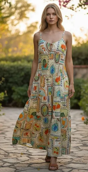 Moon River Womens L Midi Dress Cream Multi Color Fruit Print Smocked Tiered Boho thumbnail 1
