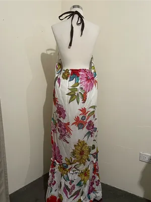Boho Halter Maxi Dress in White with Multicolor Floral thumbnail 3