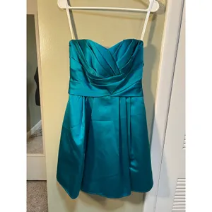 David's Bridal Womens Sz 4 Strapless Dress A-Line Satin Teal Blue Green Cocktail thumbnail 2