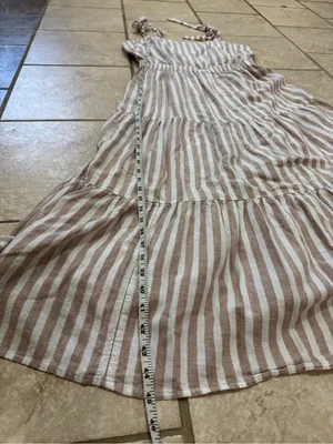 The Limited Linen Blend Tiered Midi Dress XL Beige White Stripe Tie Shoulderboho thumbnail 6