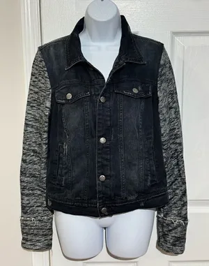 Free People Black Distressed Denim‎ Jacket with Knit Sleeves size M thumbnail 1
