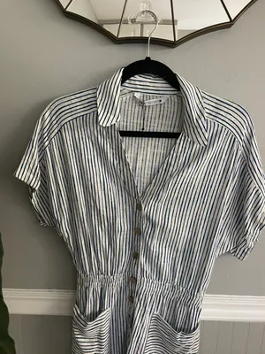 Blue White Stripe Lined Blend Button Down Shirt Short Romper Jumpsuit thumbnail 4
