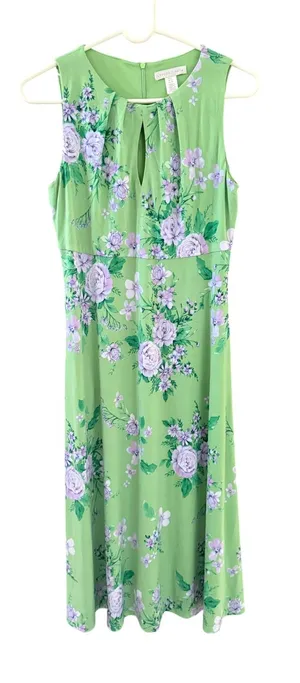 London Times Green Purple Floral Keyhole Midi Dress Womens 6 Sleeveless Sundress thumbnail 1