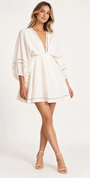 NWT Sachin Babi Caden Ivory Bridal Babydoll Mini Dress Balloon Sleeve L thumbnail 1