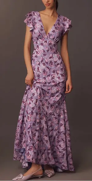 BHLDN Eva Flutter Sleeve Plunge V-neck Maxi Dress Floral Wedding Guest Occasion thumbnail 1