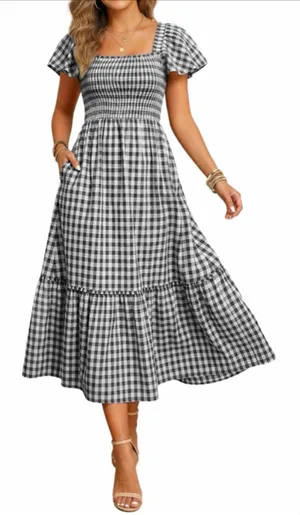 NEW Plaid Cotton 100% Cotton Smocked Square Neck Midi Lined Dress XL thumbnail 1