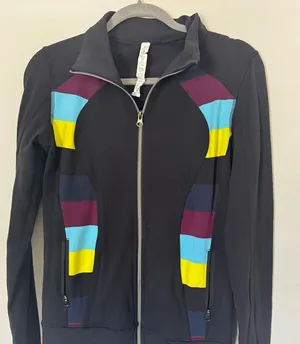 Lululemon black yellow blue burgundy stripe zip up‎ Nice Asana Jacket sweatshirt thumbnail 1