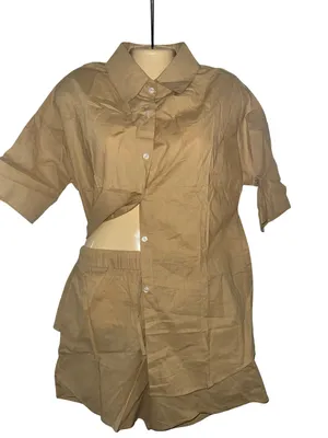 Tan Short Sleeve Button-Up Top and Shorts Set thumbnail 1