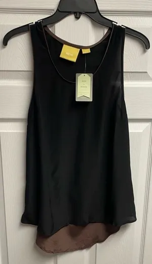 NWT Anthropologie “Maeve” 100% Silk Black/Brown High-Low Tank Size 4 thumbnail 1