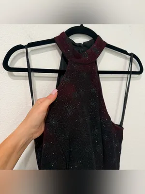 Bari Jay Vintage Sparkly Maroon Beaded Halter Satin Formal Evening Gown 4/6 thumbnail 3