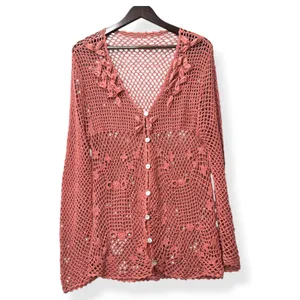 Women Crochet Cardigan Coverup Pink M Boho Cottagecore Fairy Boho Beachy Coastal thumbnail 2