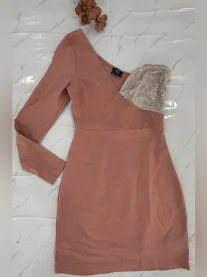 One-Shoulder Dusty Rose Mini Dress with Silver Sequin Bodice thumbnail 2