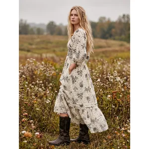 Free People Bohemian Billowy Ethereal Floral Golden Hour Maxi Dress Ivory Large thumbnail 2