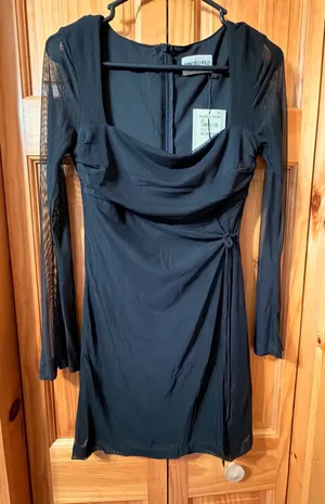 Princess Polly Black Mesh Long Sleeve Mini Dress Square Neck Wrap US 4 NWT thumbnail 1