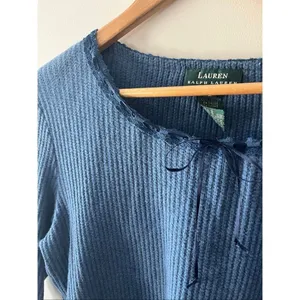 Lauren Ralph Lauren Blue Waffle Knit y2k 100% Cotton blouse L Lace Trim coquette thumbnail 4