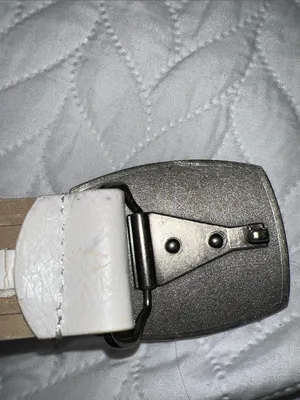 Groovy 70’s off white faux leather belt with awesome metal peace sign buckle! thumbnail 9