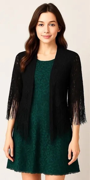 NWT Free People x Do Everything In Love Black Lace Fringe Kimono‎ Shawl Cardigan thumbnail 1