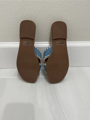 DV by Dolce Vita Light Blue Denim Cross-Strap Slide Sandals with Cream Stitching thumbnail 7