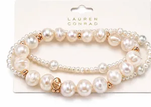 2 piece bundle lot LC Lauren Conrad Pearl Gold Layered Bracelet Set cute gift thumbnail 1