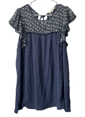Suzanne Betro Size Large Tunic Top Shirt Blue Flutter Sleeve Knit Textured‎ Boho thumbnail 1