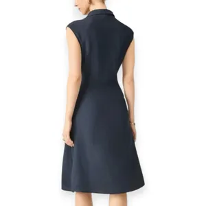 NWT OGL Viscose Linen Collared V-neck Midi Dress Drawstring Denim Navy Small thumbnail 2