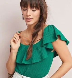 Anthropologie Off Shoulder Ruffle Green Top Sz XS thumbnail 1