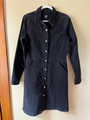 GAP Black Denim Button-Front Shirt Jacket Dress thumbnail 1