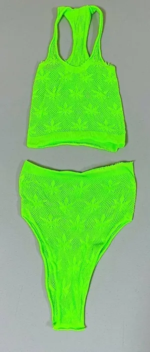 Neon Lime Green Leaf Fishnets Fishnet Bra and Bottoms Coords Matching Set O/S 💚 thumbnail 1