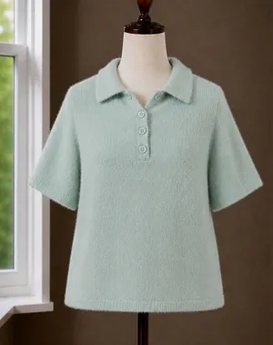 A New Day Sage Green Fuzzy Eyelash Knit Short Sleeve Polo Sweater Large thumbnail 1