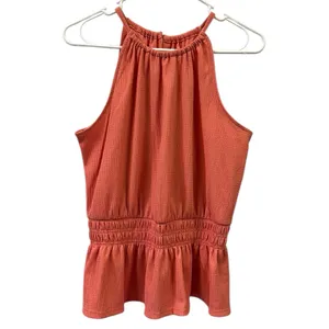 Nine West Peach Sleeveless Halter Keyhole Back Peplum Smocked Tank Top Blouse M thumbnail 8
