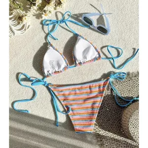 Women's Striped High Waisted Halter Triangle Bikini Swimsuit XS thumbnail 2