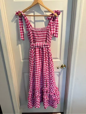 &merci Pink Gingham Smocked Midi Dress thumbnail 10
