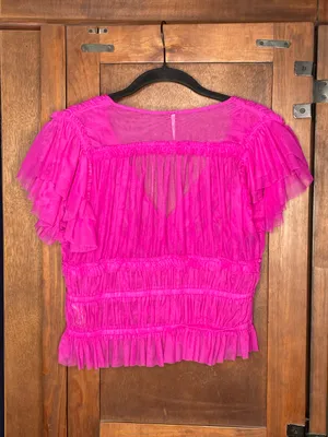 Free People Making Me Smile Top Fuchsia Pink Sheer Ruched Ruffle Cottagecore S thumbnail 3