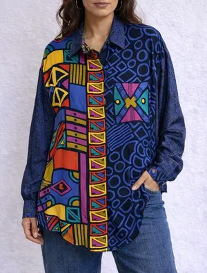Platinum Blue Abstract Geometric Oversized Colorblock Button Down Blouse Sz M thumbnail 1