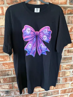 Comfort Colors Black Tee with Pink-Purple Ghost Bow Graphic thumbnail 1