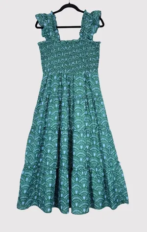 J Marie Midi Dress Green Floral Square Neck Ruffle Smocked Tiered A Line Medium thumbnail 1