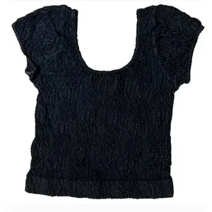 Sugarlips Womens Scoop Neck Cap Sleeve Crop Top Textured Bodycon Shirt Black OS thumbnail 2
