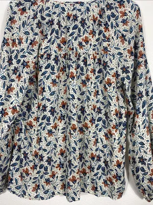 Velvet by Graham & Spencer White Floral V-Neck Blouse with Blue & Brown Accents thumbnail 7