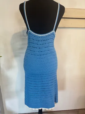 Blue Crochet Midi Dress with White Trim thumbnail 3