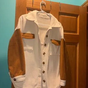 Cream and Tan Button Up Oversized Shacket Size Large Brown thumbnail 4