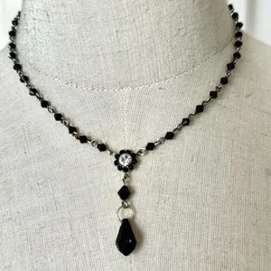 Black beaded drop pendant necklace thumbnail 1