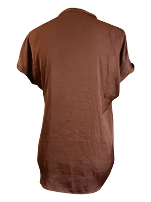 Maison d'Amélie Paris Chocolate Brown Satin Short Sleeve Pleated Blouse S thumbnail 2
