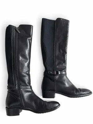 Aquatalia Knee High Riding Boots 6 Black Leather Stretch Panel Harness thumbnail 2