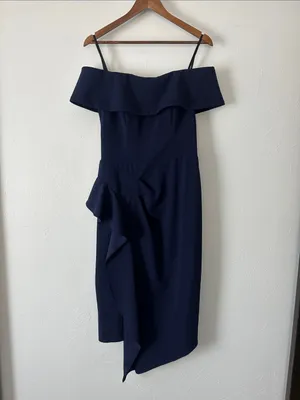 Betsy Adam Navy One-Shoulder Ruffle Sheath Dress thumbnail 3